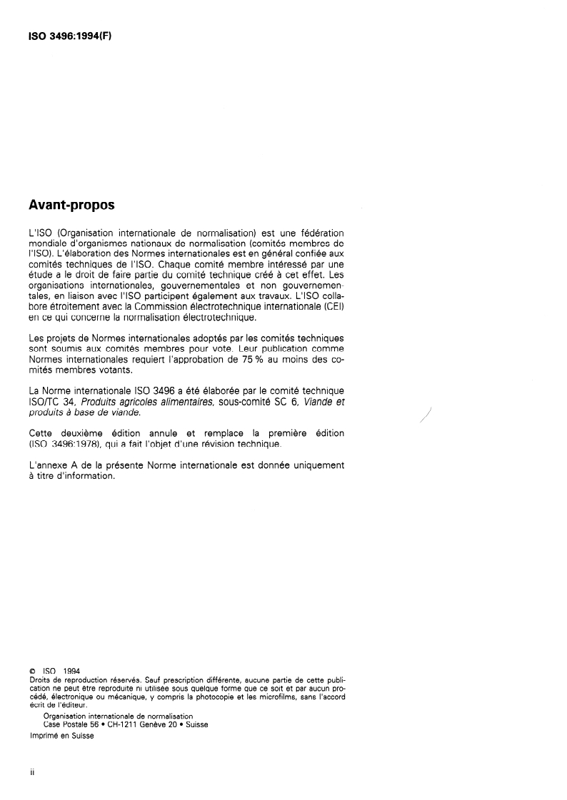ISO 3496:1994 ISO 3496:1994 - Viandes et produits à base de viande — Détermination de la teneur en hydroxyproline/25/1994 - Page 2 preview