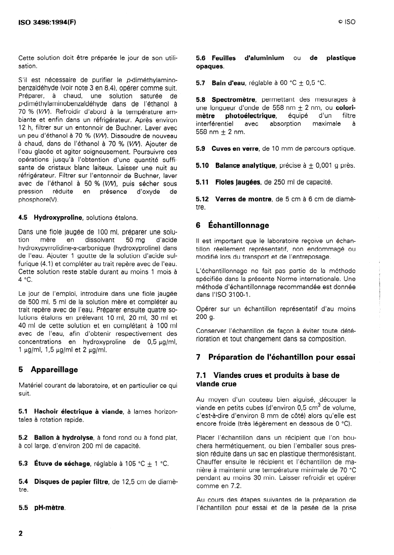 ISO 3496:1994 ISO 3496:1994 - Viandes et produits à base de viande — Détermination de la teneur en hydroxyproline/25/1994 - Page 4 preview