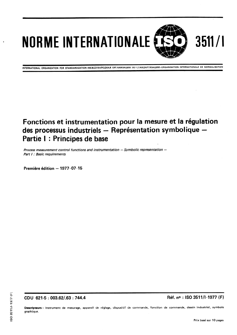 SIST ISO 3511-1:1995 ISO 3511-1:1977 - Fonctions et instrumentation pour la mesure et la régulation des processus industriels — Représentation symbolique — Partie 1: Principes de base/1/1977 - Page 1 preview