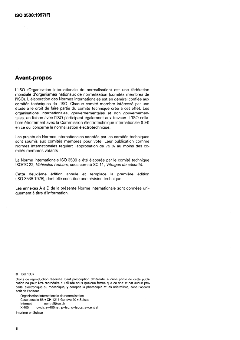 ISO 3538:1997 ISO 3538:1997 - Véhicules routiers — Vitrages de sécurité — Méthodes d'essai des propriétés optiques/5/1997 - Page 2 preview