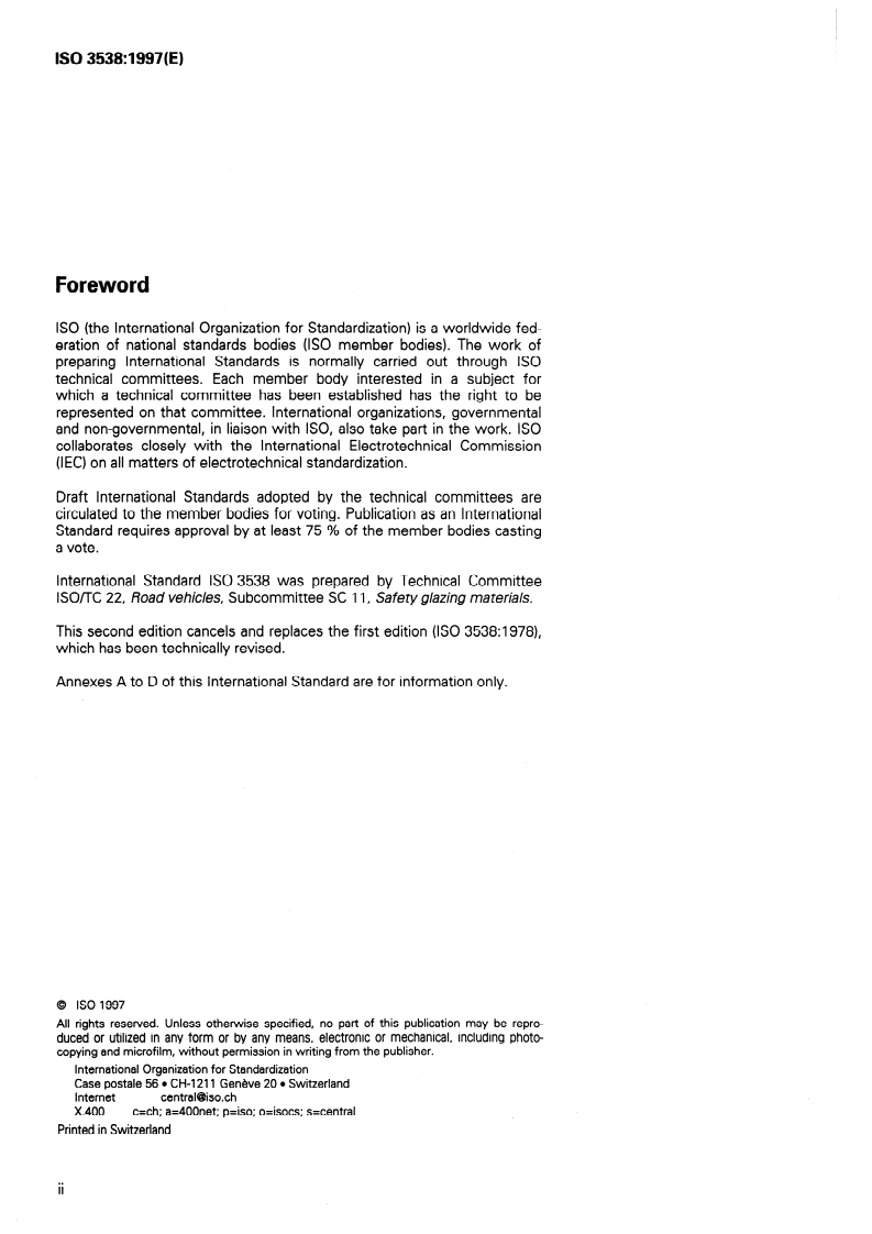 ISO 3538:1997 ISO 3538:1997 - Road vehicles — Safety glazing materials — Test methods for optical properties/5/1997 - Page 2 preview