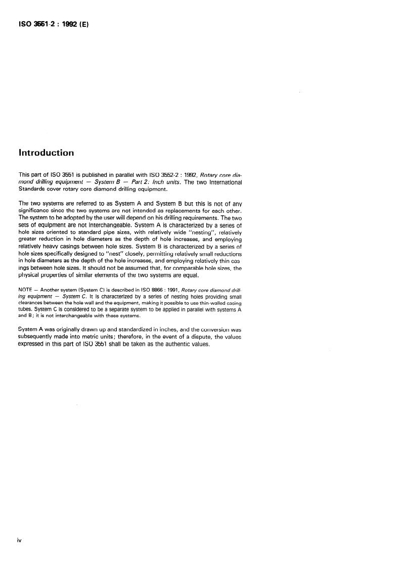 ISO 3551-2:1992 ISO 3551-2:1992 - Rotary core diamond drilling equipment — System A — Part 2: Inch units/2/1992 - Page 4 preview