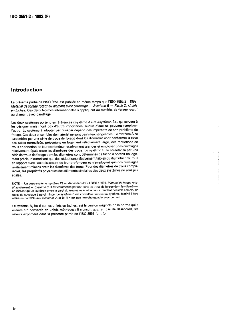ISO 3551-2:1992 ISO 3551-2:1992 - Matériel de forage rotatif au diamant avec carottage — Système A — Partie 2: Unités en inches/2/1992 - Page 4 preview