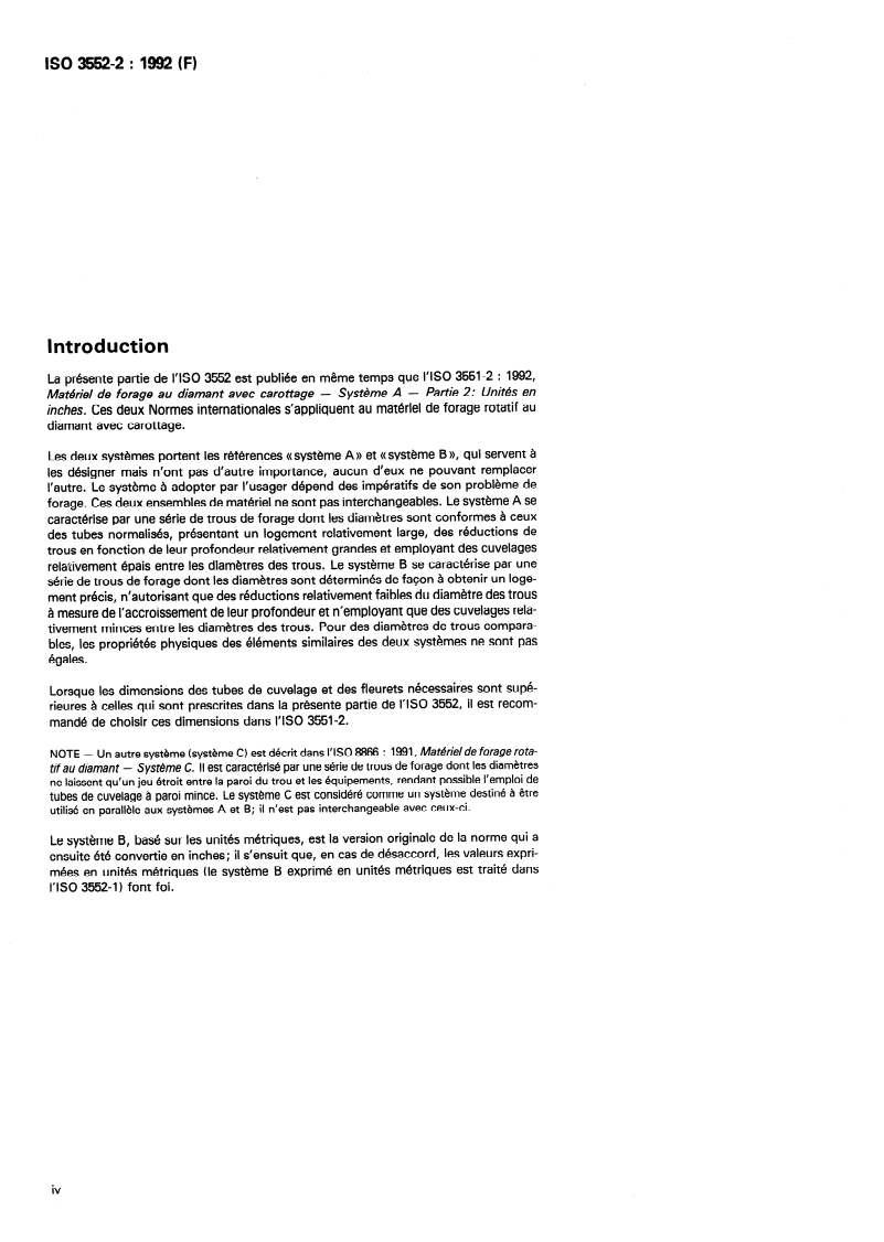 SIST ISO 3552-2:2000 ISO 3552-2:1992 - Matériel de forage rotatif au diamant avec carottage — Système B — Partie 2: Unités en inches/2/1992 - Page 4 preview