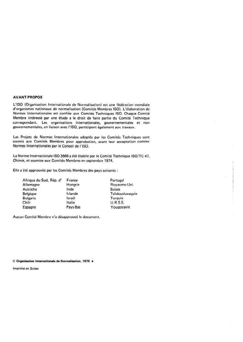 ISO 3566:1976 ISO 3566:1976 - Fluorure de sodium principalement utilisé pour la production de l'aluminium — Dosage des chlorures — Méthode turbidimétrique/1/1976 - Page 2 preview