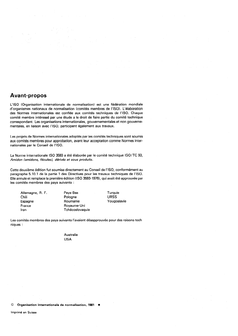 ISO 3593:1981 ISO 3593:1981 - Amidons et fécules — Détermination des cendres/1/1981 - Page 2 preview