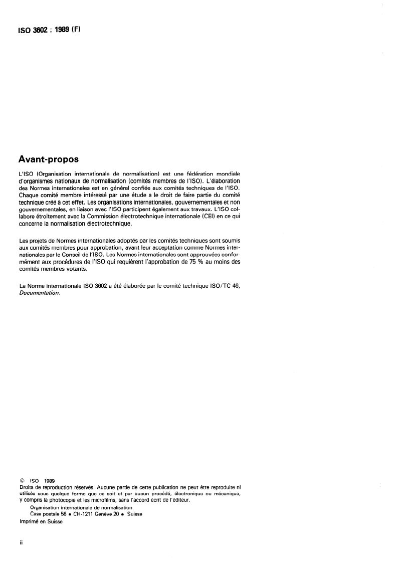 ISO 3602:1989 ISO 3602:1989 - Documentation — Romanisation du japonais (écriture en kana)/24/1989 - Page 2 preview