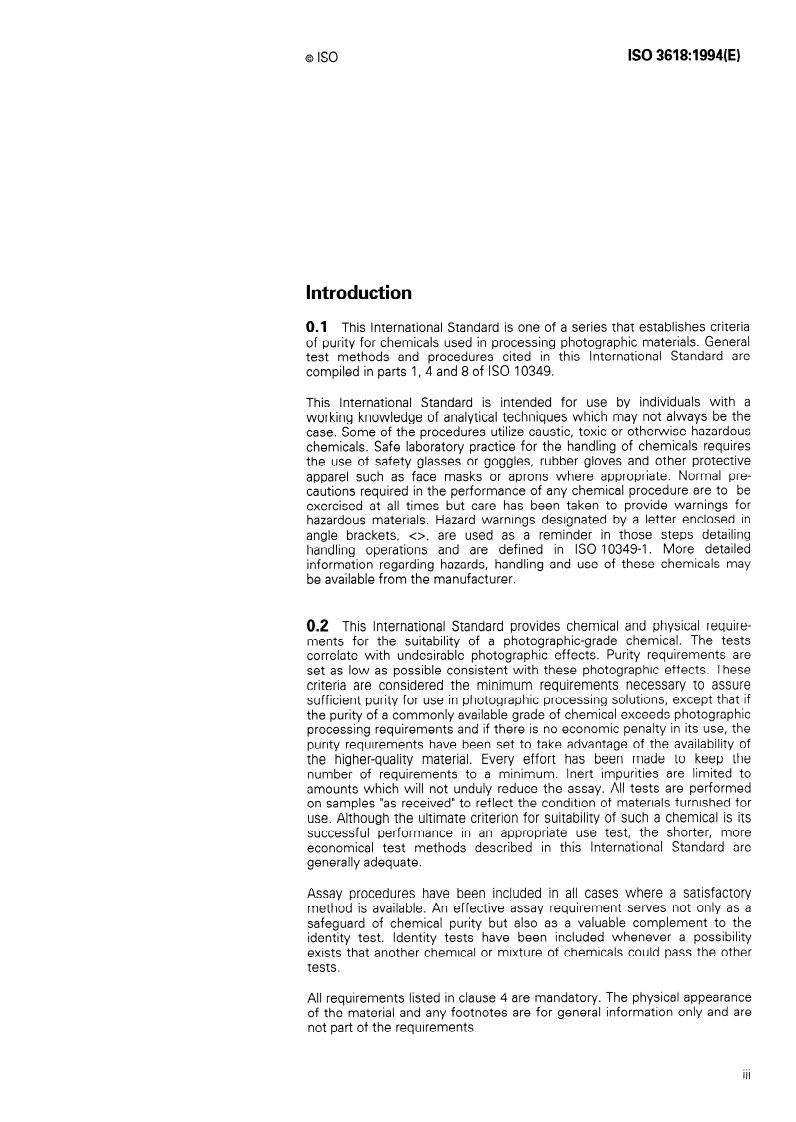 ISO 3618:1994 ISO 3618:1994 - Photography — Processing chemicals — Specifications for benzotriazole/15/1994 - Page 3 preview