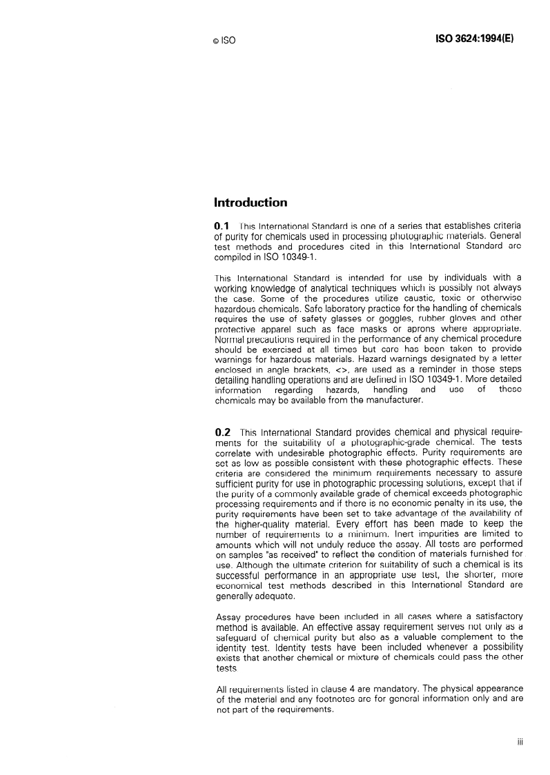 ISO 3624:1994 ISO 3624:1994 - Photography — Processing chemicals — Specifications for potassium ferricyanide/13/1994 - Page 3 preview