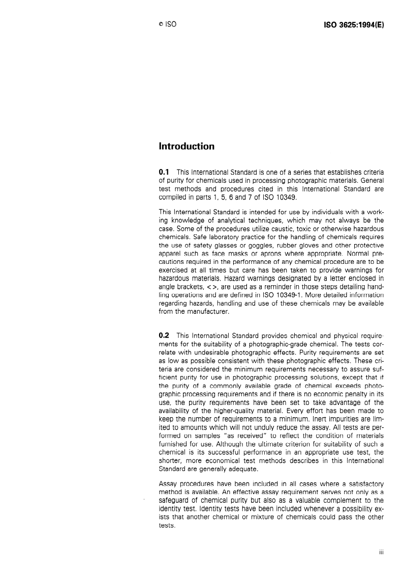 ISO 3625:1994 ISO 3625:1994 - Photography — Processing chemicals — Specifications for potassium hydroxide/21/1994 - Page 3 preview
