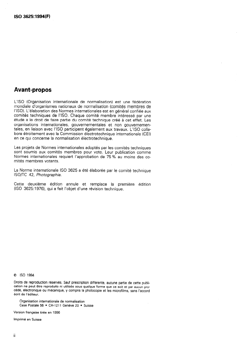 ISO 3625:1994 ISO 3625:1994 - Photographie — Produits chimiques de traitement — Spécifications relatives à l'hydroxyde de potassium/25/1996 - Page 2 preview