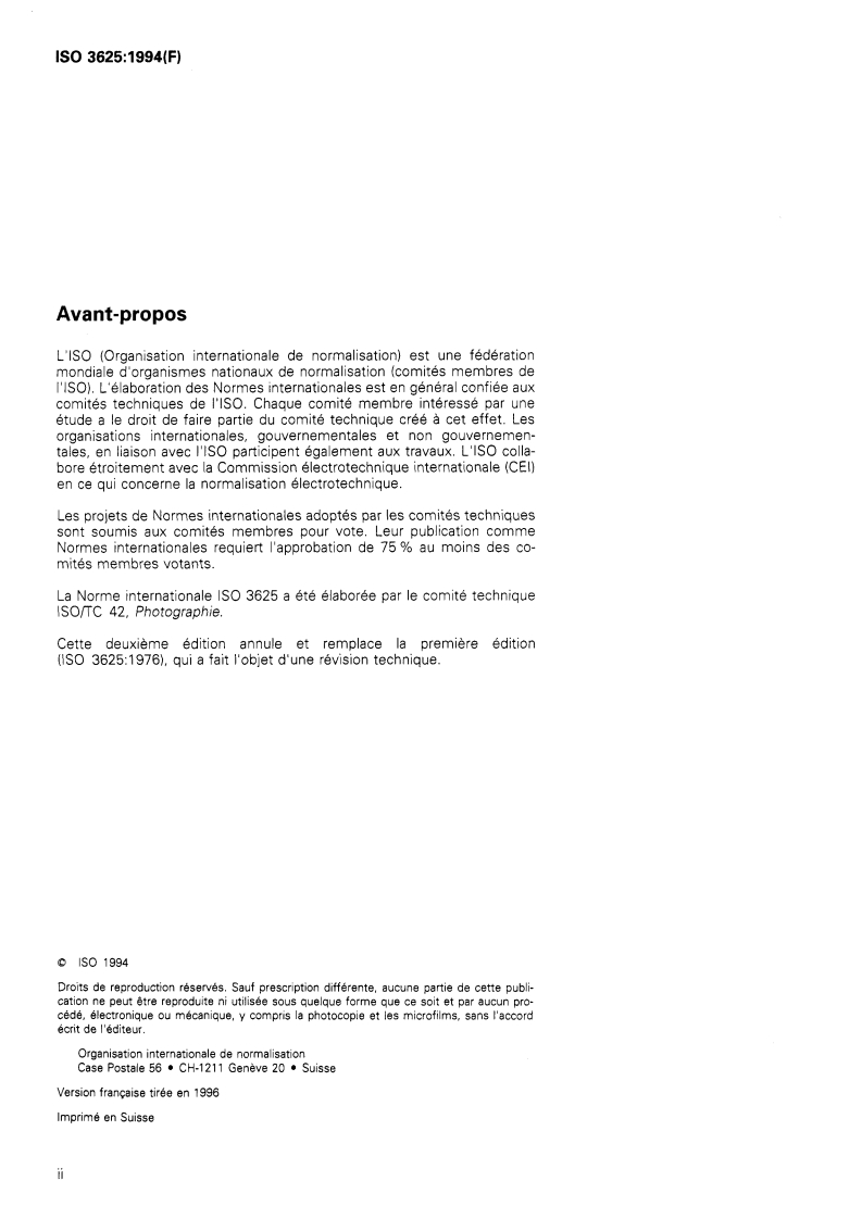 ISO 3625:1994 ISO 3625:1994 - Photographie — Produits chimiques de traitement — Spécifications relatives à l'hydroxyde de potassium/25/1996 - Page 2 preview