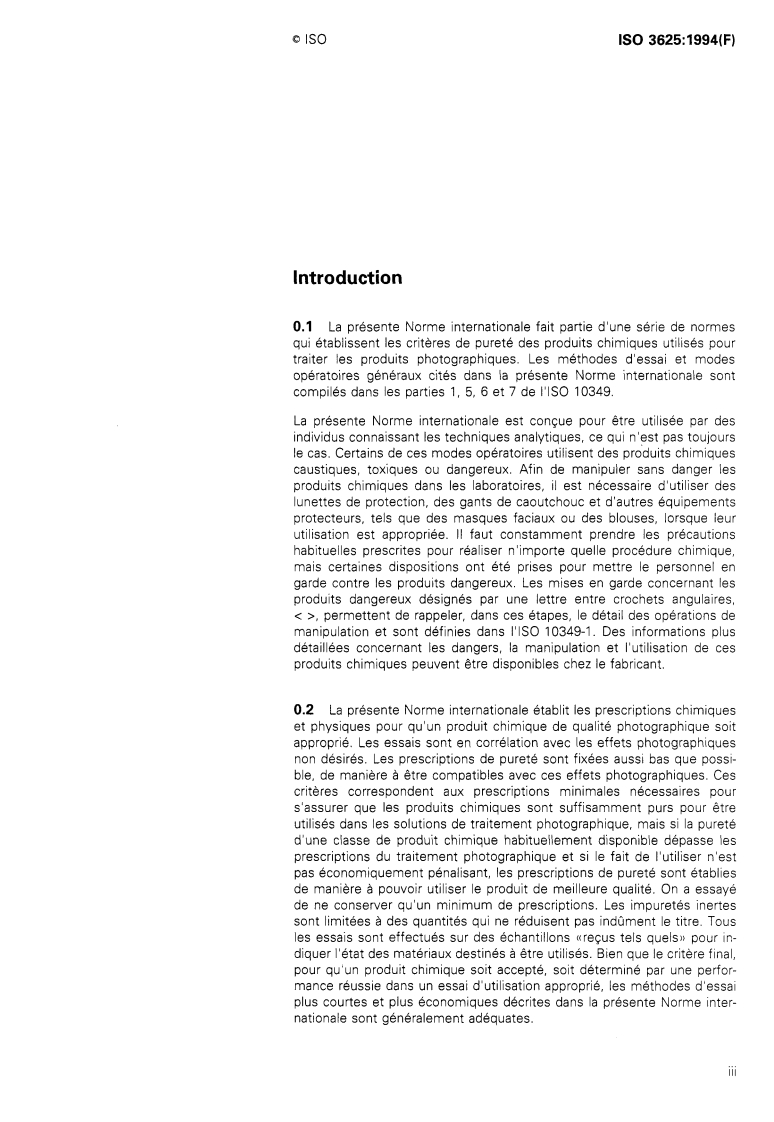 ISO 3625:1994 ISO 3625:1994 - Photographie — Produits chimiques de traitement — Spécifications relatives à l'hydroxyde de potassium/25/1996 - Page 3 preview