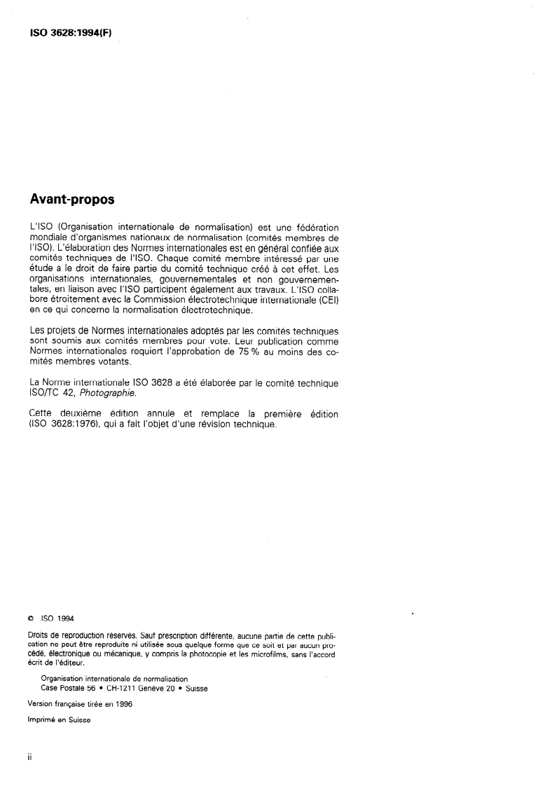ISO 3628:1994 ISO 3628:1994 - Photographie — Produits chimiques de traitement — Spécifications relatives à l'acide borique granulaire/25/1996 - Page 2 preview