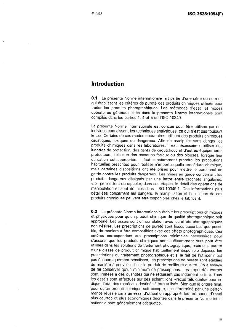 ISO 3628:1994 ISO 3628:1994 - Photographie — Produits chimiques de traitement — Spécifications relatives à l'acide borique granulaire/25/1996 - Page 3 preview
