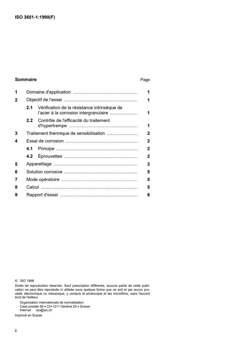 ISO 3651-1:1998 ISO 3651-1:1998 - Détermination de la résistance à la corrosion intergranulaire des aciers inoxydables — Partie 1: Aciers inoxydables austénitiques et austéno-ferritiques (duplex) — Essai de corrosion en milieu acide nitrique par mesurage de la perte de masse (essai de Huey)/13/1998 - Page 2 preview