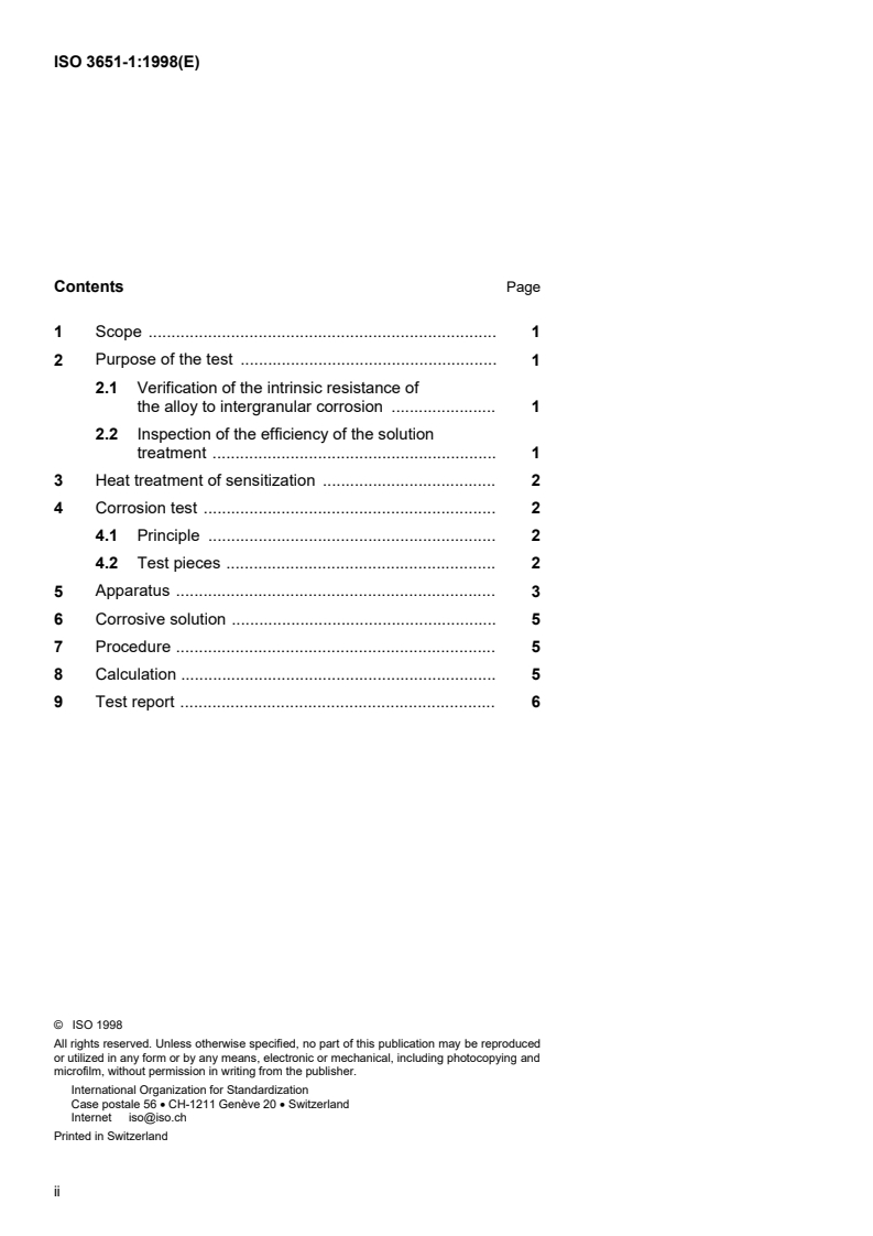 ISO 3651-1:1998 ISO 3651-1:1998 - Determination of resistance to intergranular corrosion of stainless steels — Part 1: Austenitic and ferritic-austenitic (duplex) stainless steels — Corrosion test in nitric acid medium by measurement of loss in mass (Huey test)/13/1998 - Page 2 preview