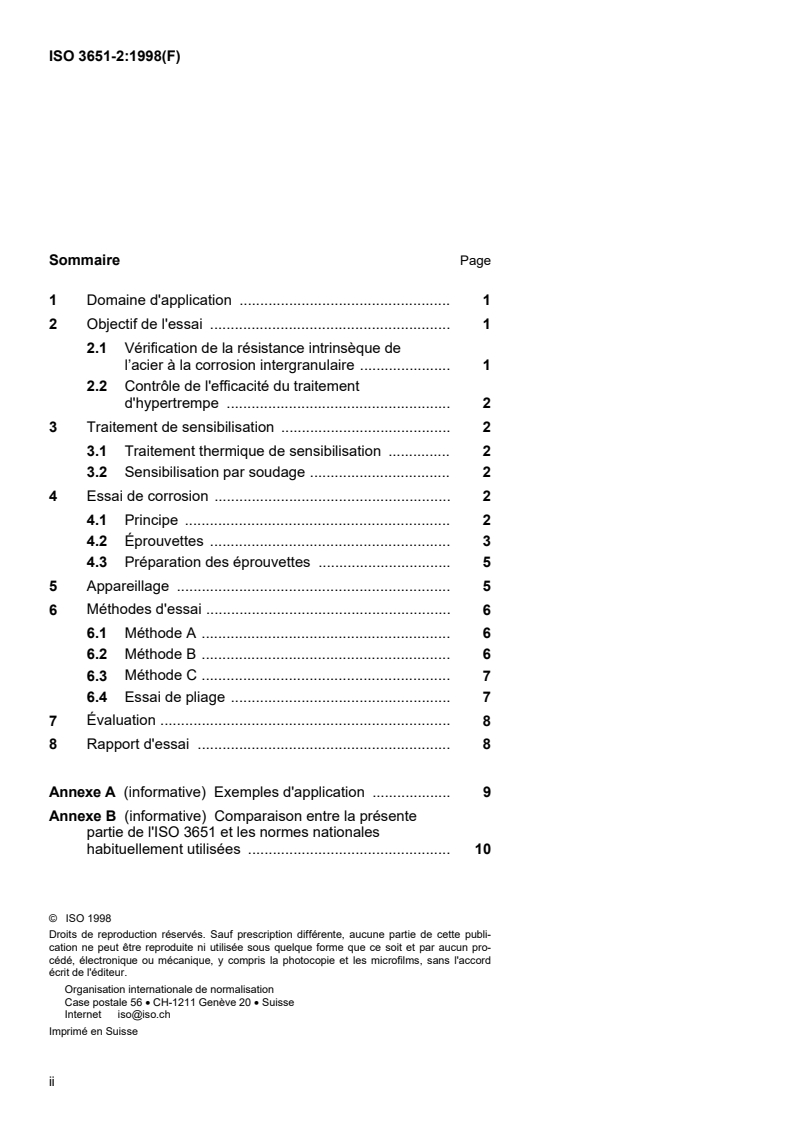 ISO 3651-2:1998 ISO 3651-2:1998 - Détermination de la résistance à la corrosion intergranulaire des aciers inoxydables — Partie 2: Aciers ferritiques, austénitiques et austéno-ferritiques (duplex) — Essais de corrosion en milieux contenant de l'acide sulfurique/14/1998 - Page 2 preview