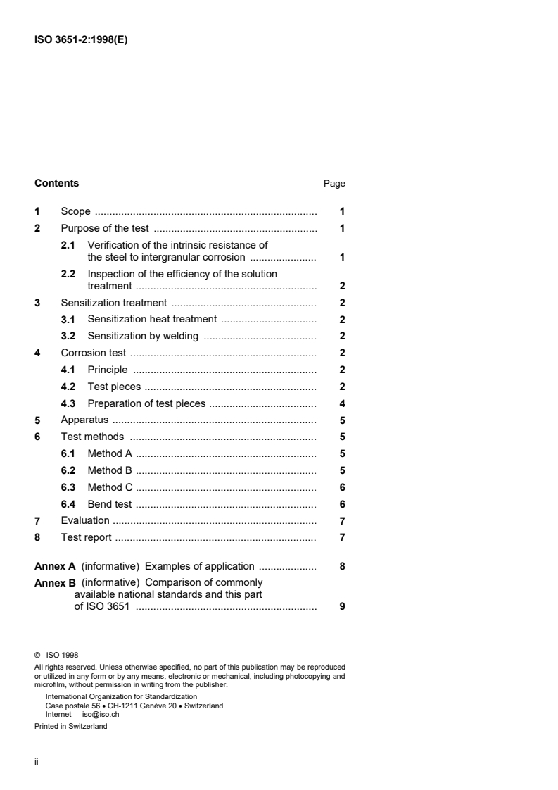 ISO 3651-2:1998 ISO 3651-2:1998 - Determination of resistance to intergranular corrosion of stainless steels — Part 2: Ferritic,austenitic and ferritic-austenitic (duplex) stainless steels — Corrosion test in media containing sulfuric acid/14/1998 - Page 2 preview