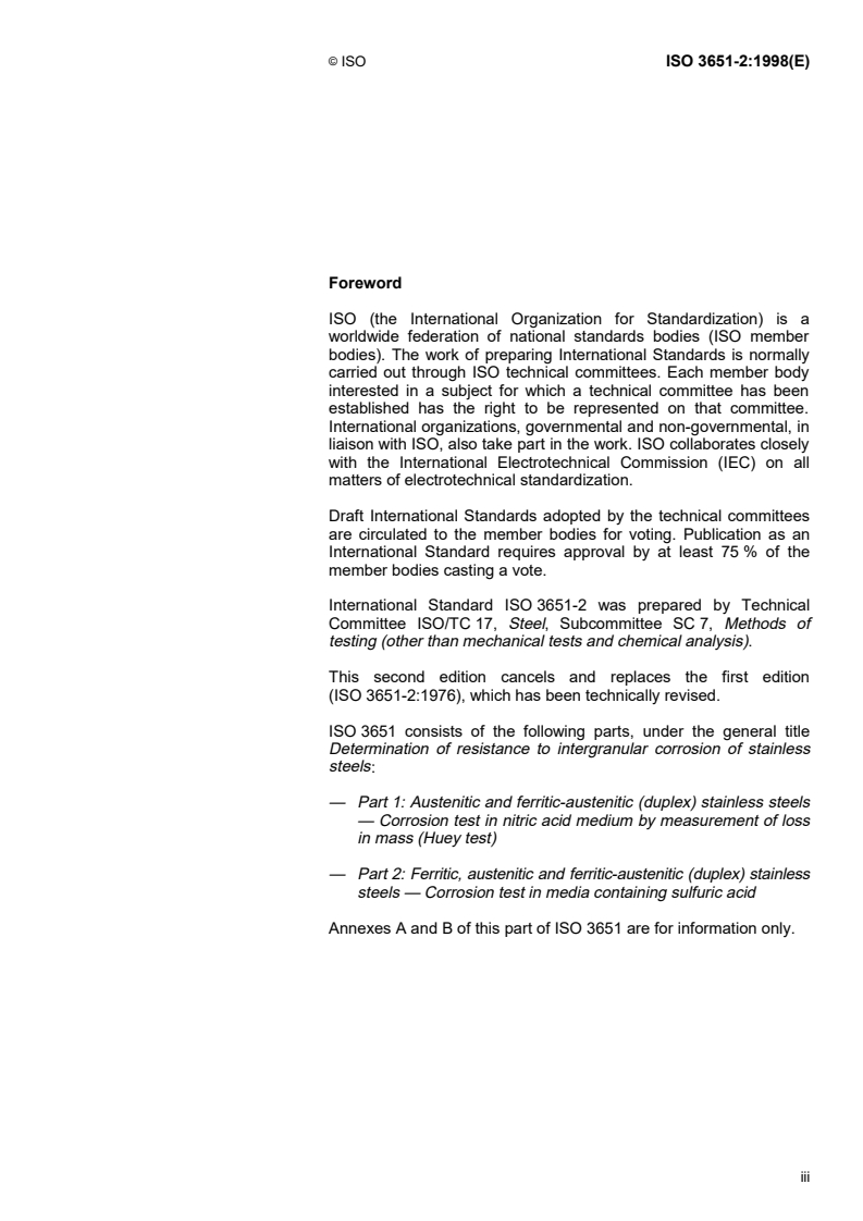 ISO 3651-2:1998 ISO 3651-2:1998 - Determination of resistance to intergranular corrosion of stainless steels — Part 2: Ferritic,austenitic and ferritic-austenitic (duplex) stainless steels — Corrosion test in media containing sulfuric acid/14/1998 - Page 3 preview