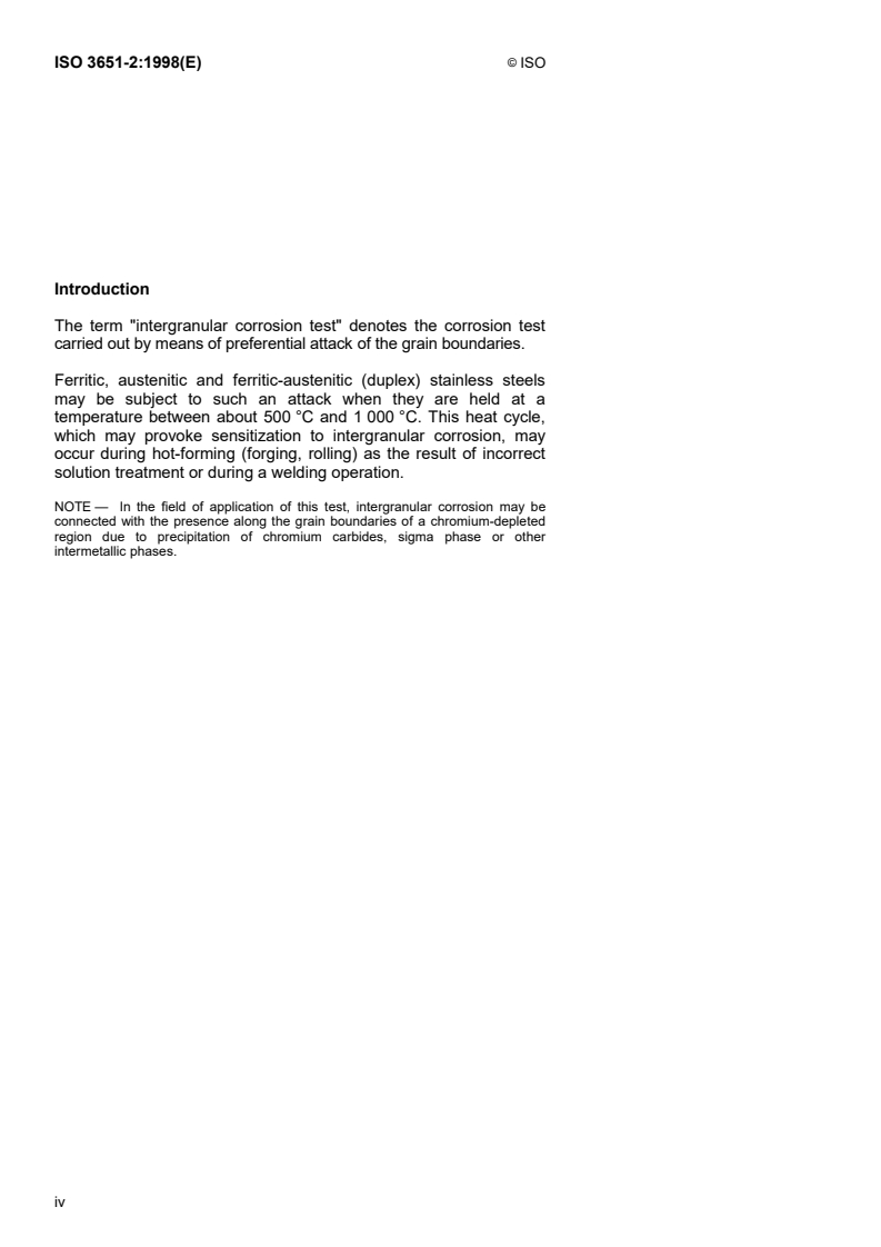 ISO 3651-2:1998 ISO 3651-2:1998 - Determination of resistance to intergranular corrosion of stainless steels — Part 2: Ferritic,austenitic and ferritic-austenitic (duplex) stainless steels — Corrosion test in media containing sulfuric acid/14/1998 - Page 4 preview