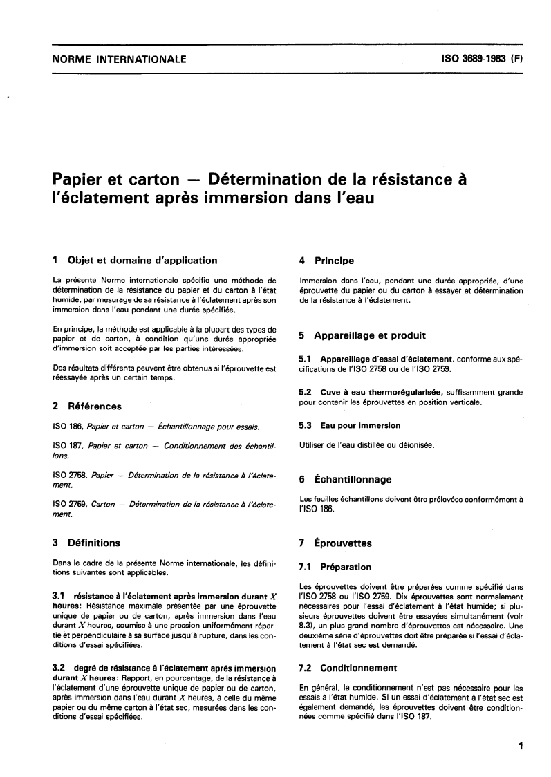 ISO 3689:1983 ISO 3689:1983 - Papier et carton — Détermination de la résistance à l'éclatement après immersion dans l'eau/1/1983 - Page 3 preview