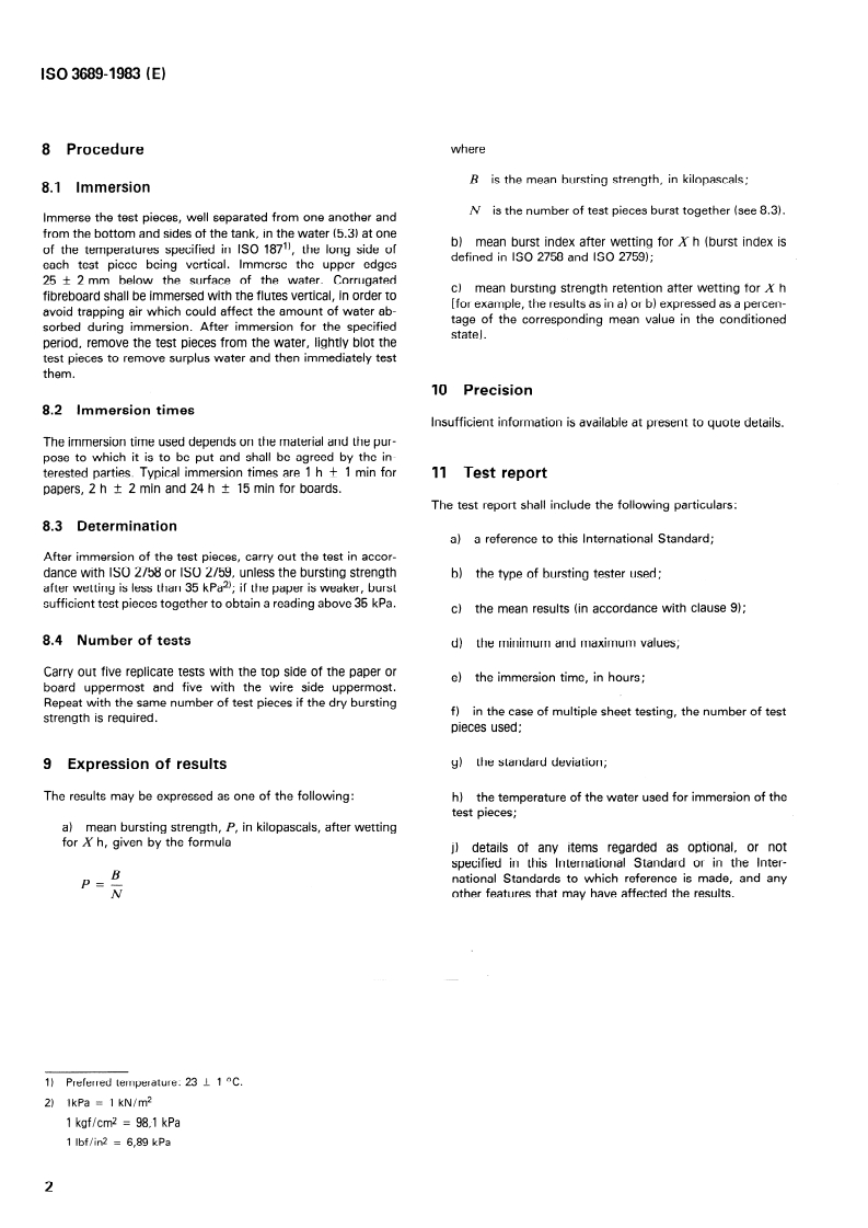 ISO 3689:1983 ISO 3689:1983 - Paper and board — Determination of bursting strength after immersion in water/1/1983 - Page 4 preview