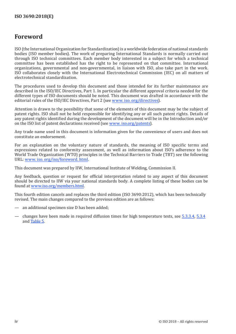 ISO 3690:2018 ISO 3690:2018 - Welding and allied processes — Determination of hydrogen content in arc weld metal/6/2018 - Page 4 preview