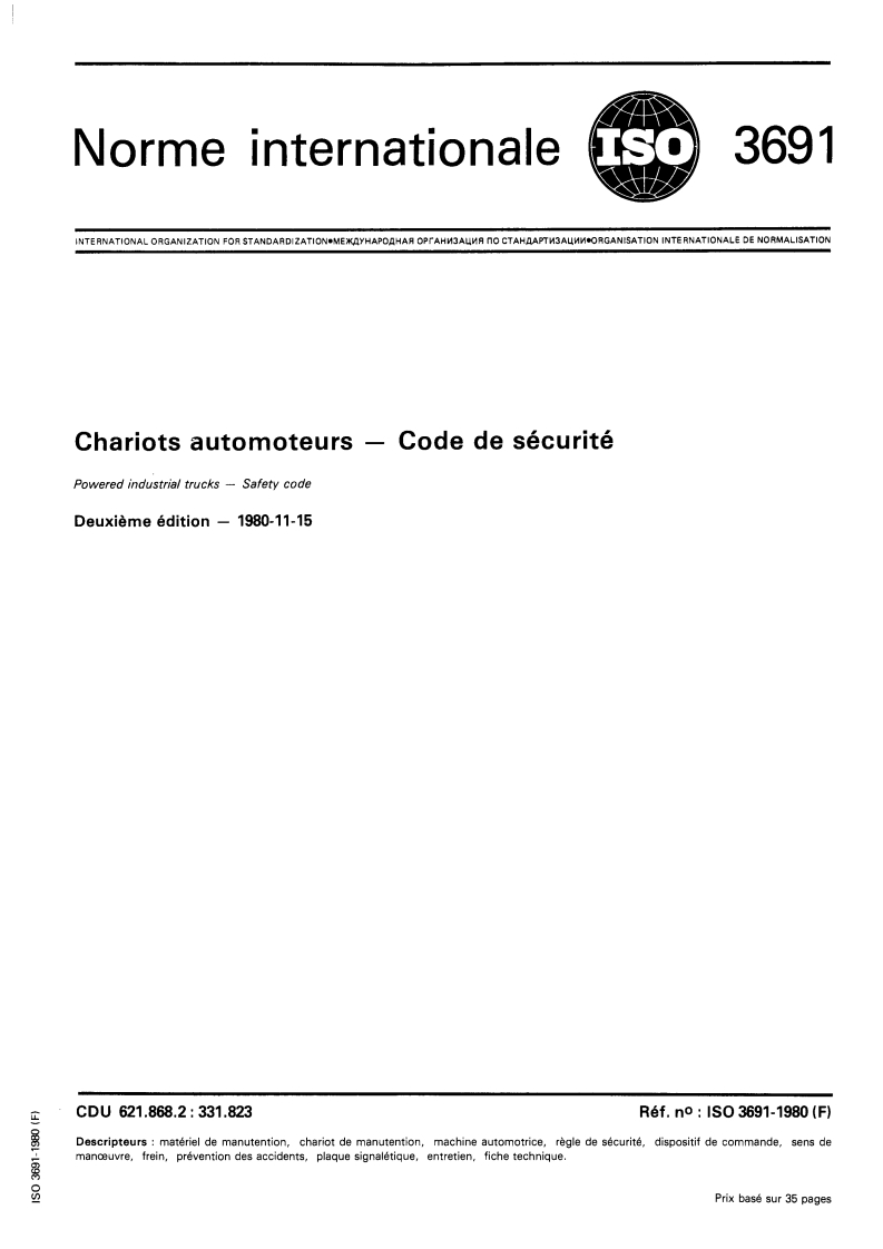 SIST ISO 3691:1999 ISO 3691:1980 - Chariots automoteurs — Code de sécurité/1/1980 - Page 1 preview