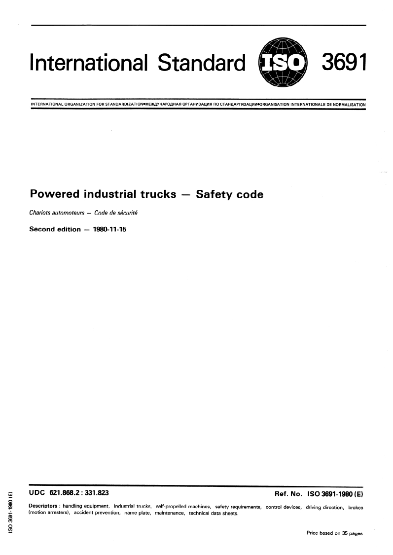 SIST ISO 3691:1999 ISO 3691:1980 - Powered industrial trucks — Safety code/1/1980 - Page 1 preview