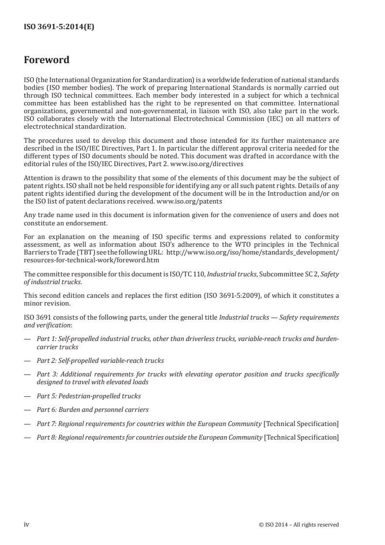 ISO 3691-5:2014 ISO 3691-5:2014 - Industrial trucks — Safety requirements and verification — Part 5: Pedestrian-propelled trucks/10/2014 - Page 4 preview