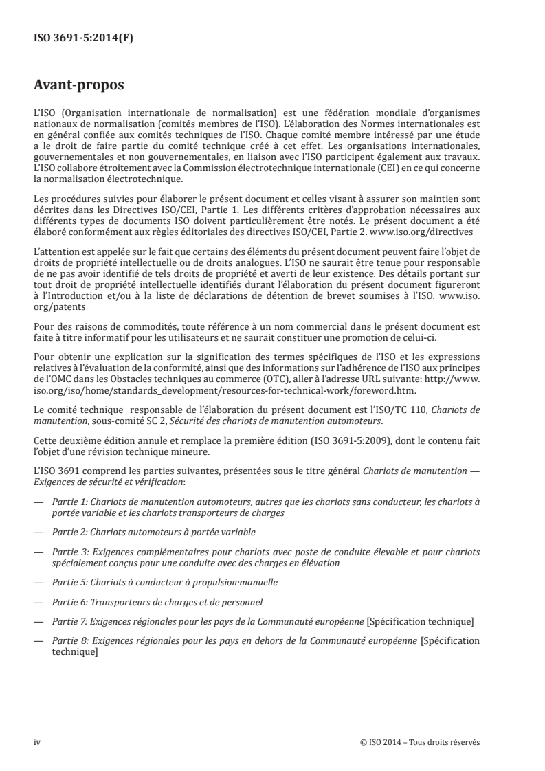 ISO 3691-5:2014 ISO 3691-5:2014 - Chariots de manutention — Exigences de sécurité et vérification — Partie 5: Chariots à conducteur à propulsion manuelle/10/2014 - Page 4 preview