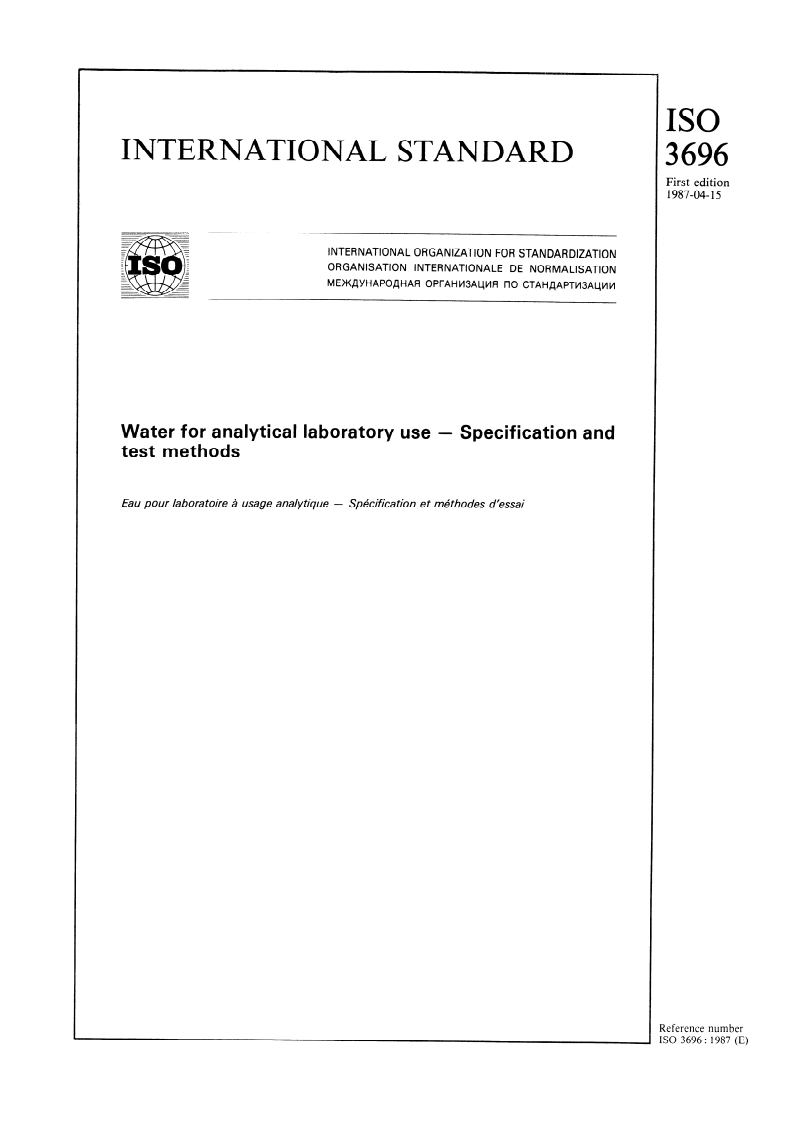 SIST ISO 3696:1995 ISO 3696:1987 - Water for analytical laboratory use — Specification and test methods/9/1987 - Page 1 preview