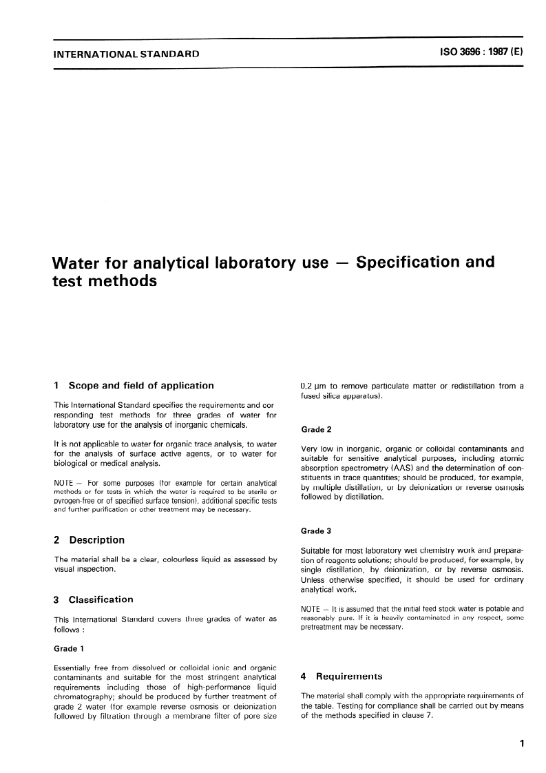 SIST ISO 3696:1995 ISO 3696:1987 - Water for analytical laboratory use — Specification and test methods/9/1987 - Page 3 preview