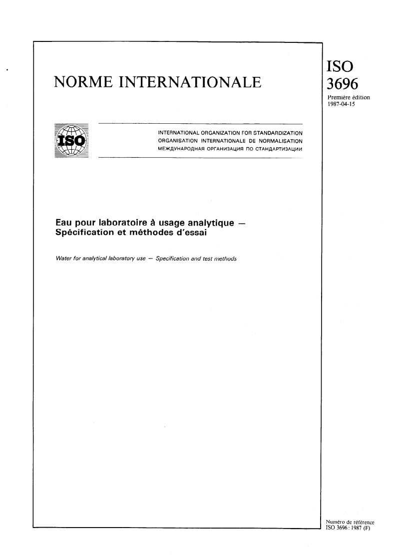 SIST ISO 3696:1995 ISO 3696:1987 - Eau pour laboratoire à usage analytique — Spécification et méthodes d'essai/9/1987 - Page 1 preview