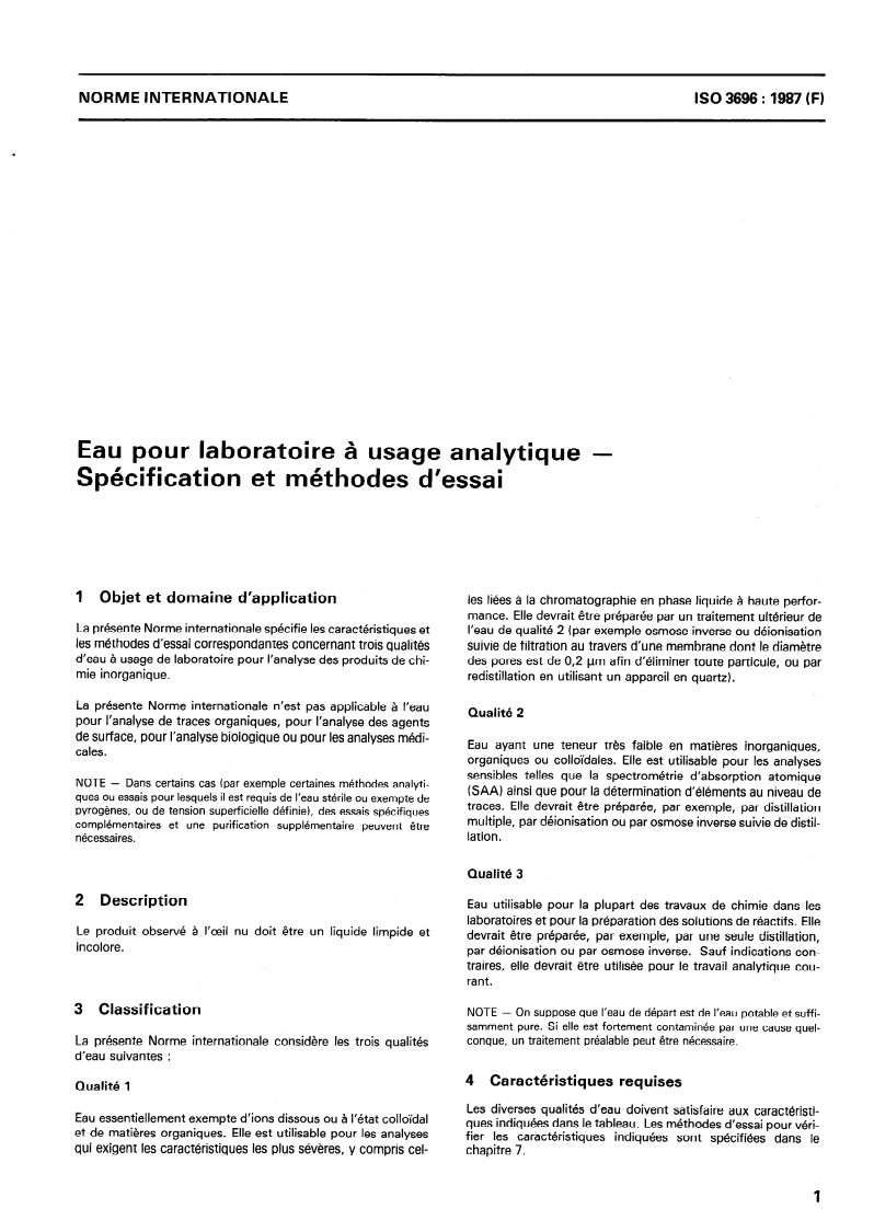 SIST ISO 3696:1995 ISO 3696:1987 - Eau pour laboratoire à usage analytique — Spécification et méthodes d'essai/9/1987 - Page 3 preview