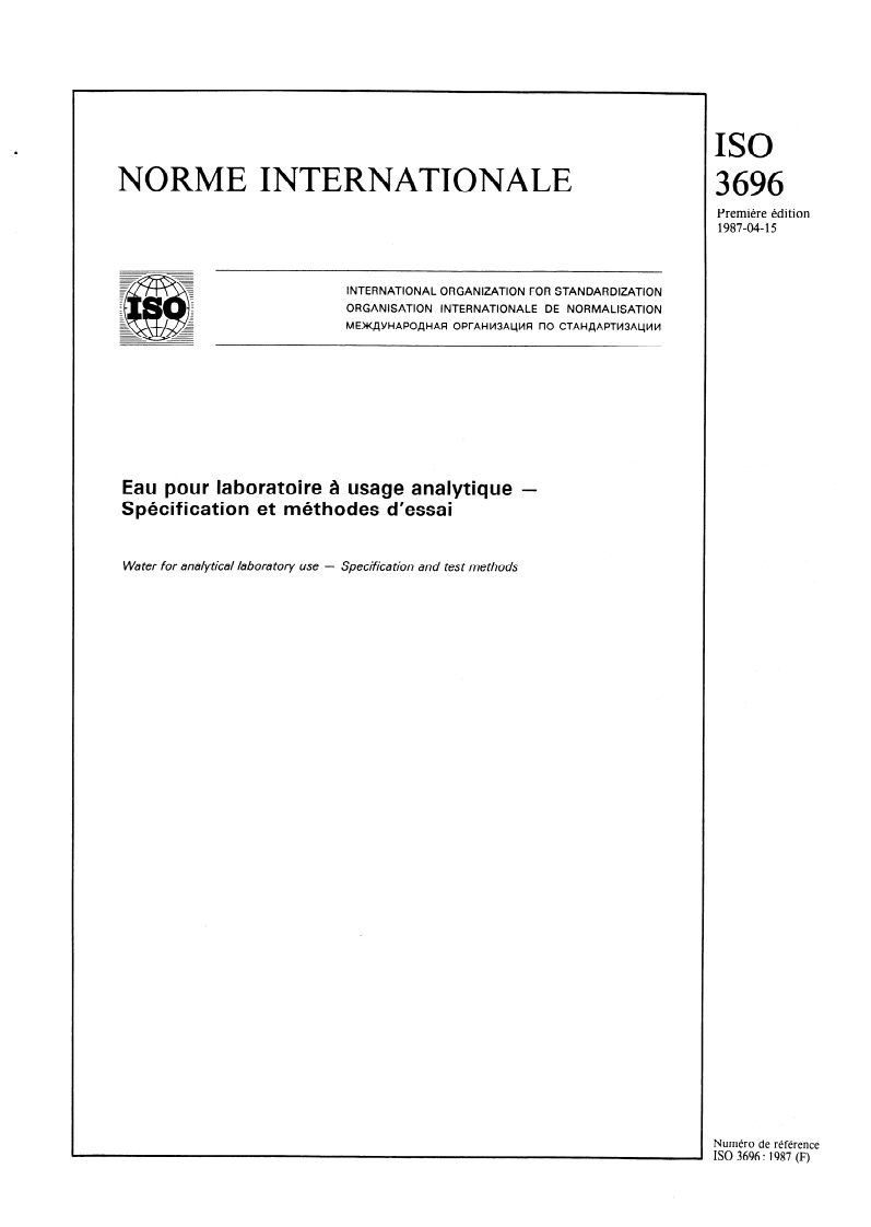 SIST ISO 3696:1995 ISO 3696:1987 - Eau pour laboratoire à usage analytique — Spécification et méthodes d'essai/9/1987 - Page 1 preview