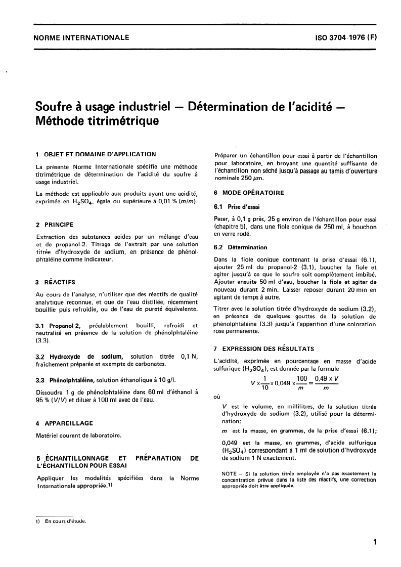 ISO 3704:1976 ISO 3704:1976 - Soufre à usage industriel — Détermination de l'acidité — Méthode titrimétrique/1/1976 - Page 3 preview