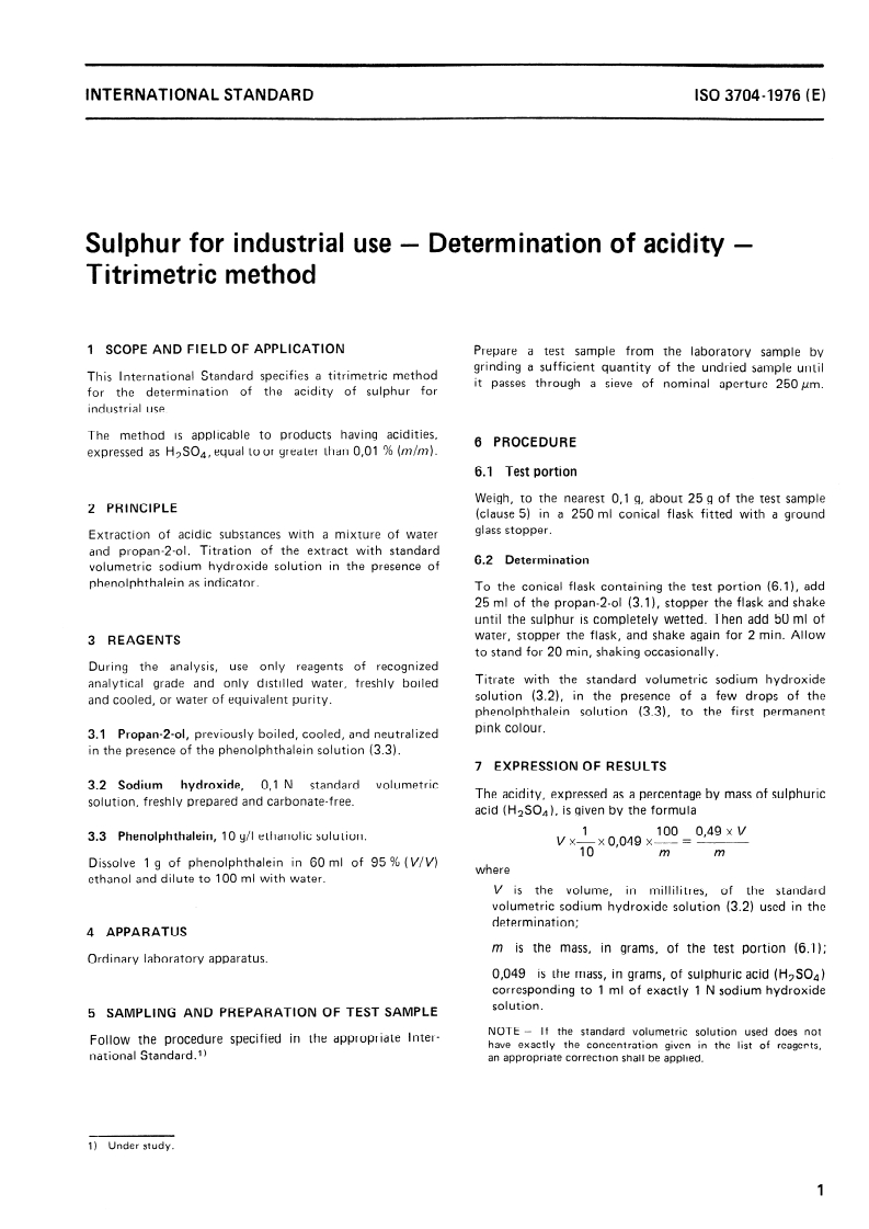 ISO 3704:1976 ISO 3704:1976 - Sulphur for industrial use — Determination of acidity — Titrimetric method/1/1976 - Page 3 preview