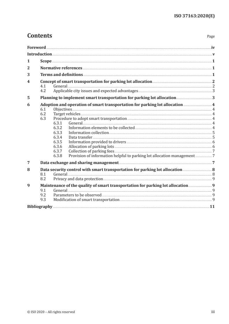 ISO 37163:2020 ISO 37163:2020 - Smart community infrastructures — Smart transportation for parking lot allocation in cities/10/2020 - Page 3 preview