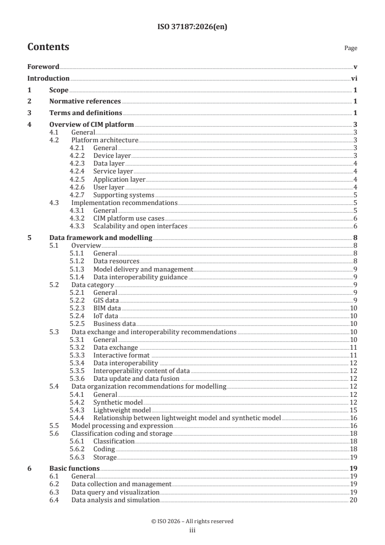 ISO 37187:2026 ISO 37187:2026 - Smart community infrastructures — Guidance on data exchange and sharing of city information modelling platform - Page 3 preview