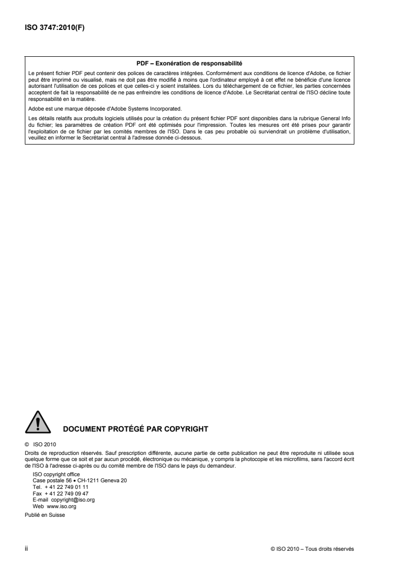 ISO 3747:2010 ISO 3747:2010 - Acoustique — Détermination des niveaux de puissance acoustique et des niveaux d'énergie acoustique émis par les sources de bruit à partir de la pression acoustique — Méthode d'expertise et de contrôle pour une utilisation in situ en environnement réverbérant/25/2010 - Page 2 preview