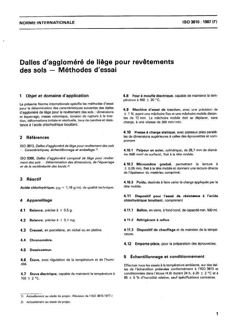ISO 3810:1987 ISO 3810:1987 - Dalles d'aggloméré de liège pour revêtements des sols — Méthodes d'essai/16/1992 - Page 3 preview