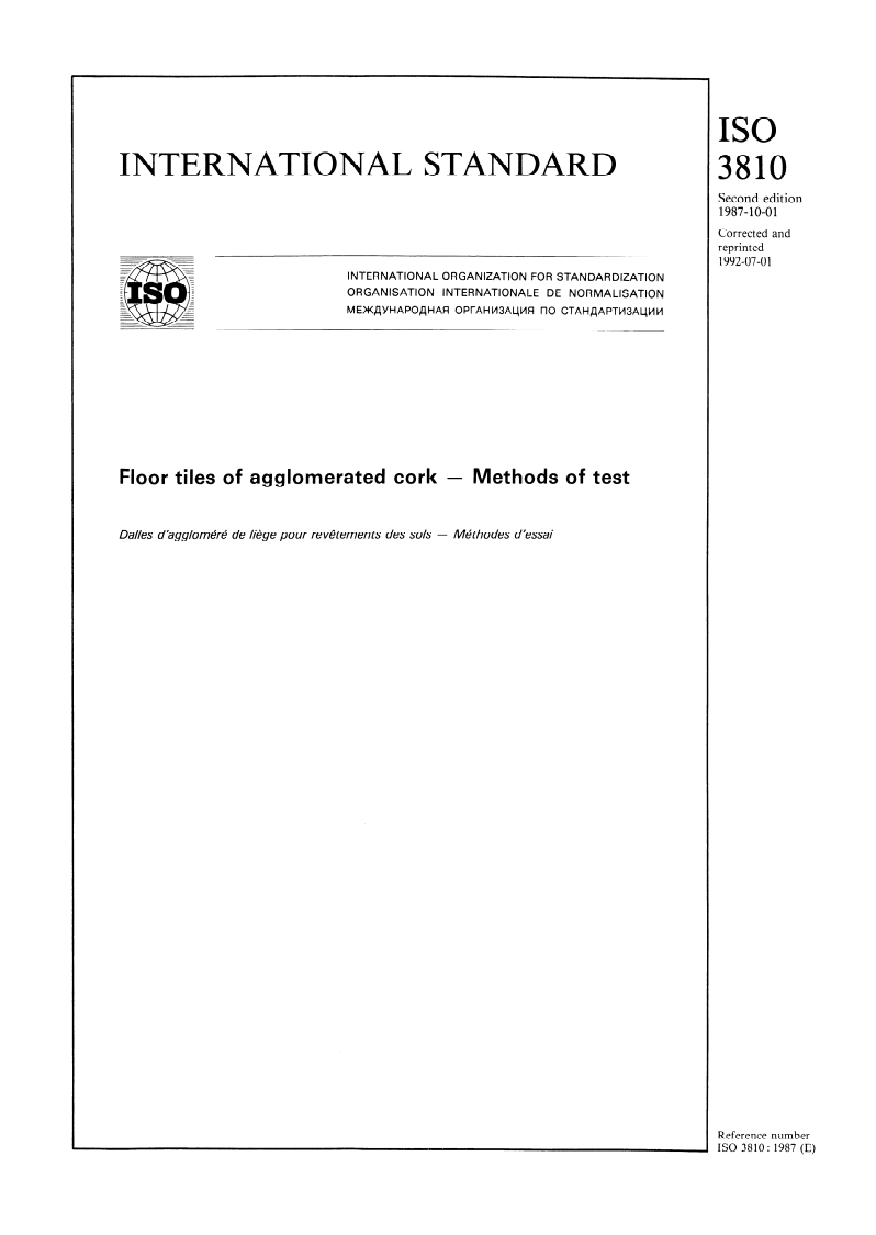 ISO 3810:1987 ISO 3810:1987 - Floor tiles of agglomerated cork — Methods of test/16/1992 - Page 1 preview