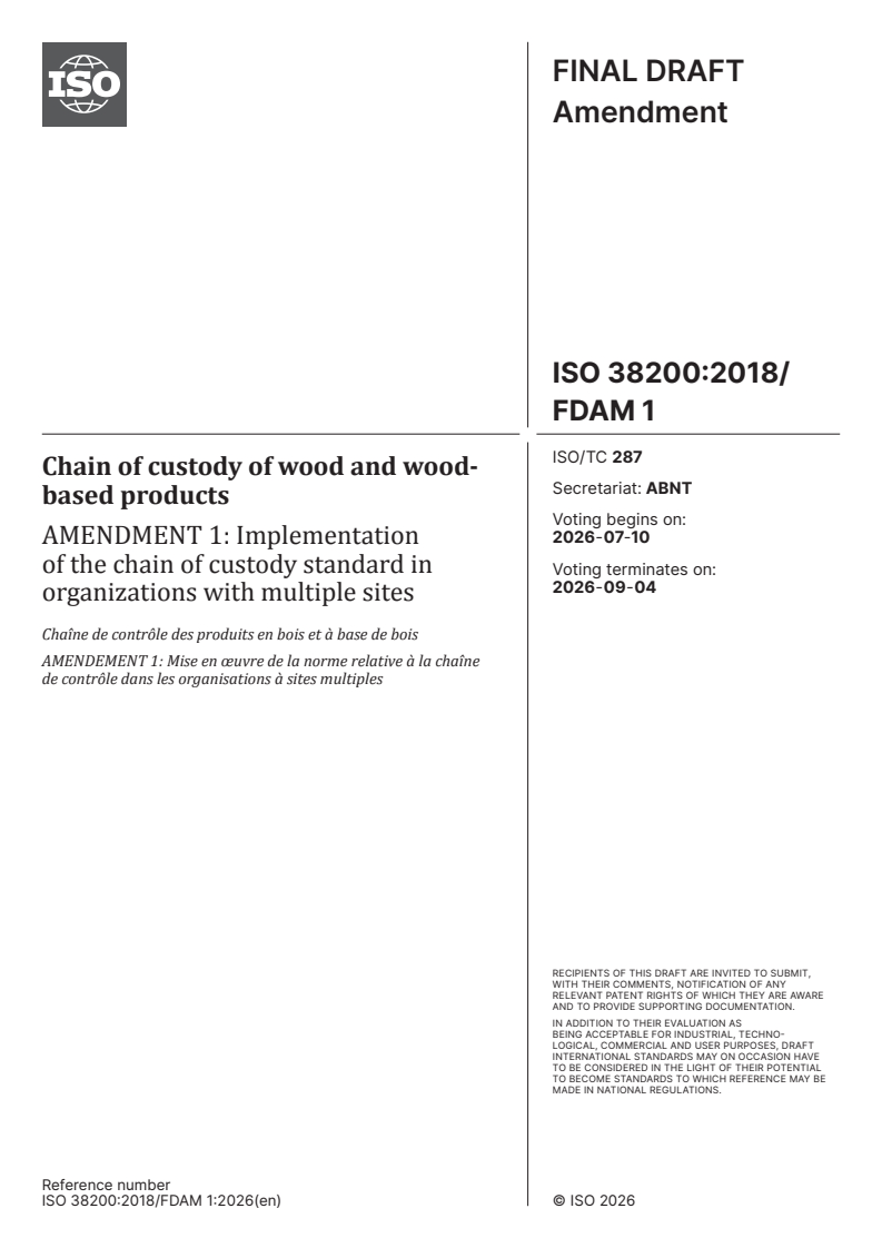 ISO 38200:2018/Amd 1 ISO 38200:2018/FDAmd 1 - Chain of custody of wood and wood-based products — Amendment 1: Implementation of the chain of custody standard in organizations with multiple sites - Page 1 preview