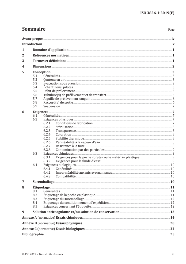 ISO 3826-1:2019 ISO 3826-1:2019 - Poches en plastique souple pour le sang et les composants du sang — Partie 1: Poches conventionnelles/15/2019 - Page 3 preview