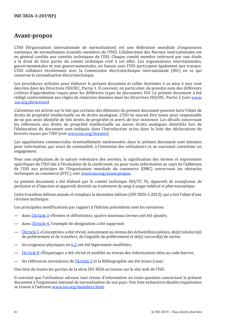ISO 3826-1:2019 ISO 3826-1:2019 - Poches en plastique souple pour le sang et les composants du sang — Partie 1: Poches conventionnelles/15/2019 - Page 4 preview