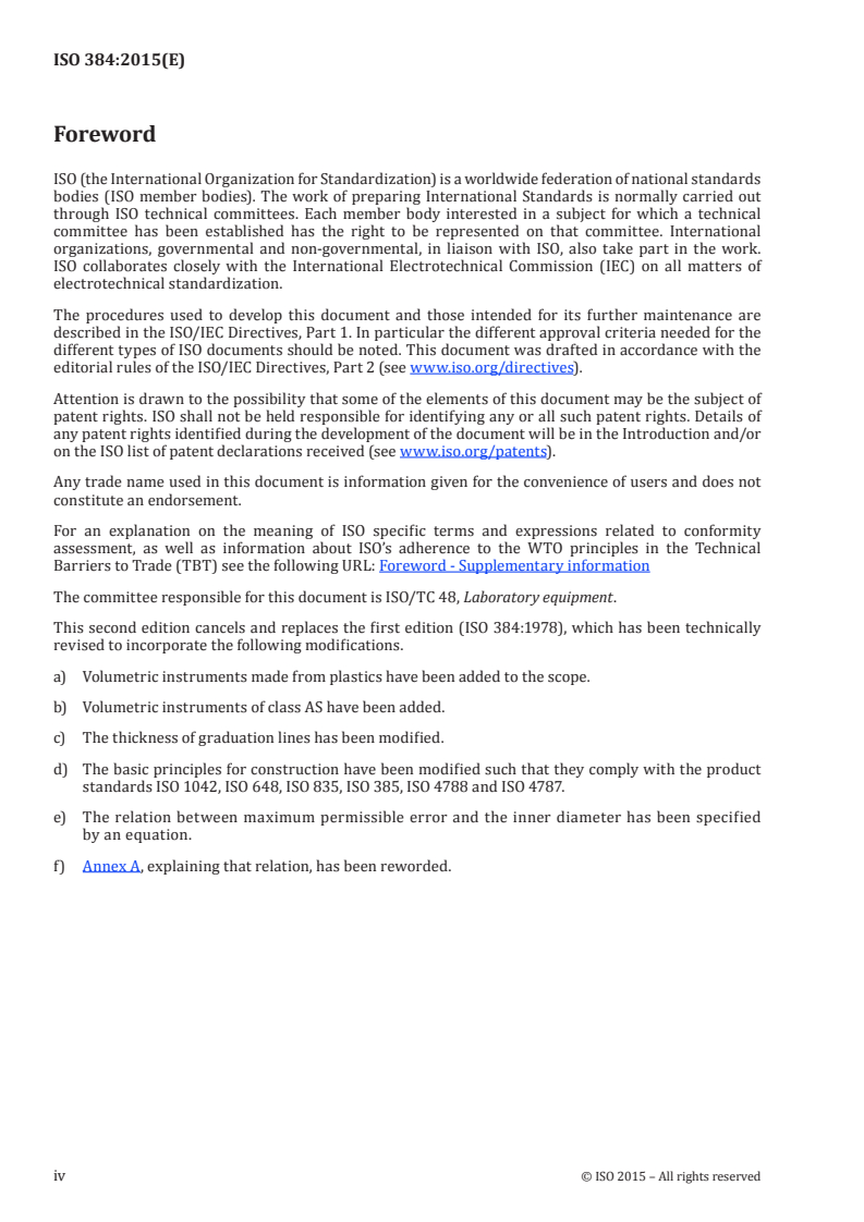 ISO 384:2015 ISO 384:2015 - Laboratory glass and plastics ware — Principles of design and construction of volumetric instruments/7/2015 - Page 4 preview