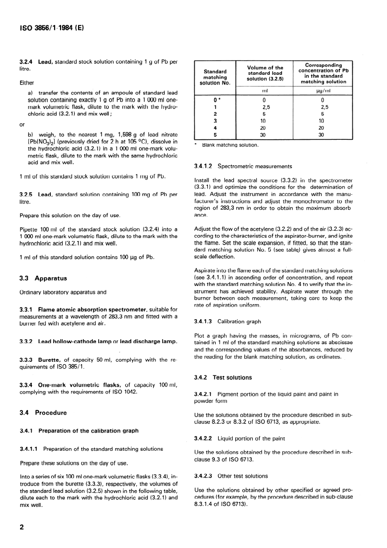 ISO 3856-1:1984 ISO 3856-1:1984 - Paints and varnishes — Determination of "soluble" metal content — Part 1: Determination of lead content — Flame atomic absorption spectrometric method and dithizone spectrophotometric method/1/1984 - Page 4 preview
