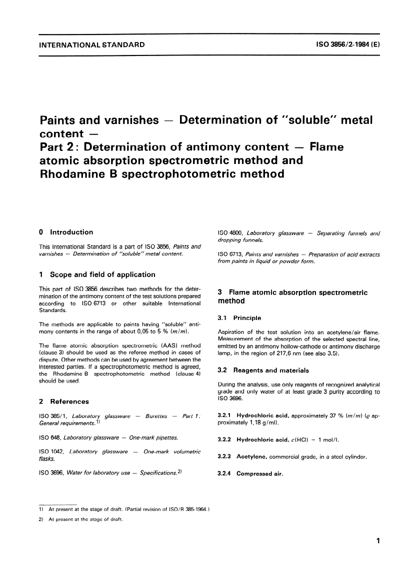 ISO 3856-2:1984 ISO 3856-2:1984 - Paints and varnishes — Determination of "soluble" metal content — Part 2: Determination of antimony content — Flame atomic absorption spectrometric method and Rhodamine B spectrophotometric method/1/1984 - Page 3 preview